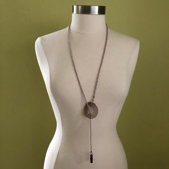 Lavender Geode Pendant Crystal Bead Lariat Necklace Boho Festival Handmade - Picture 1 of 4